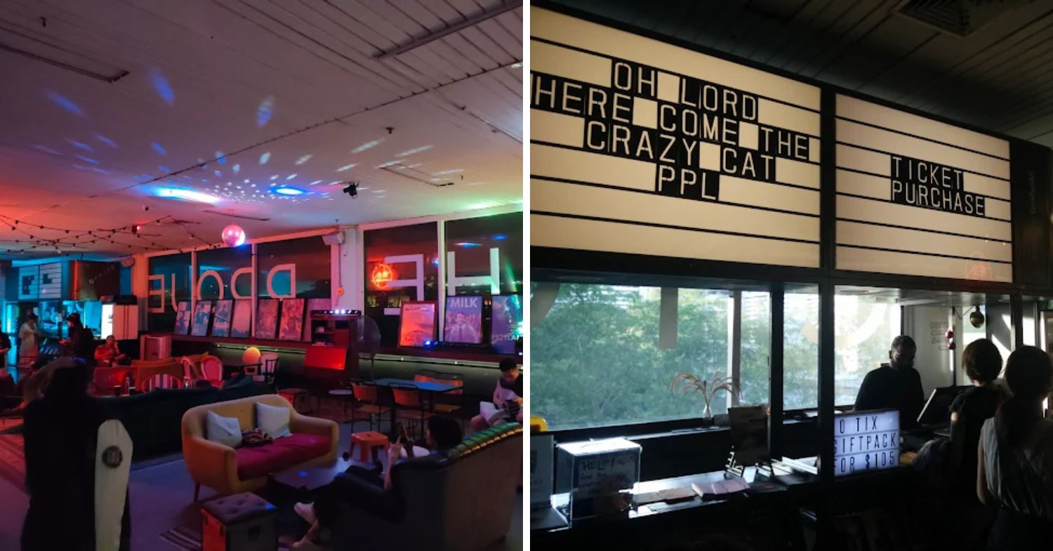 interior of The Projector and the iconic food stand signage