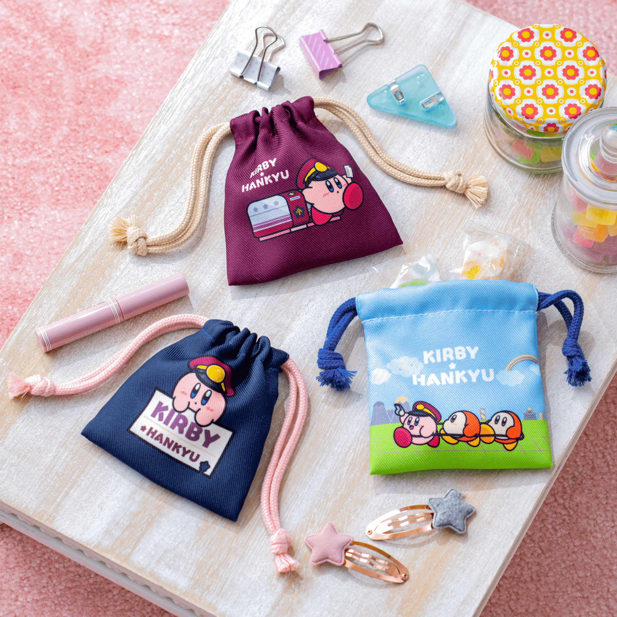 kirby train - themed drawstring bags