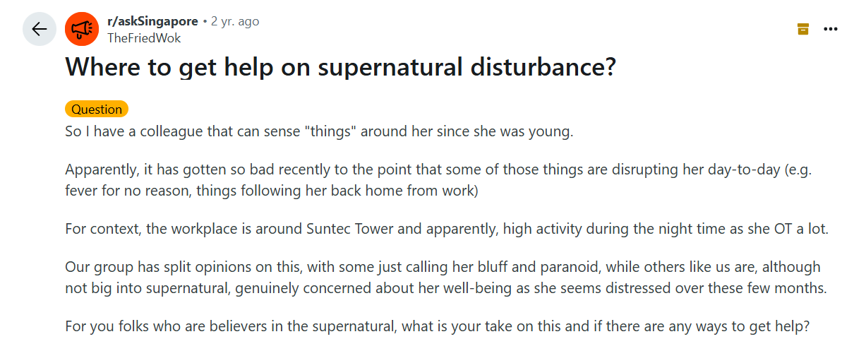 A Reddit post asking for help with ghost sightings around Suntec Tower.