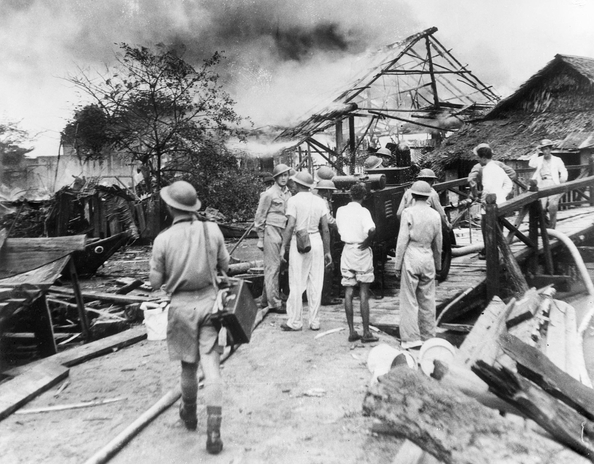 The ruins of a village in Singapore after the Japanese invasion in WWII
