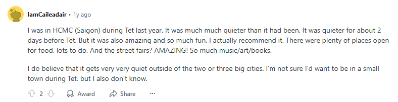 Reddit comment on Tet holiday