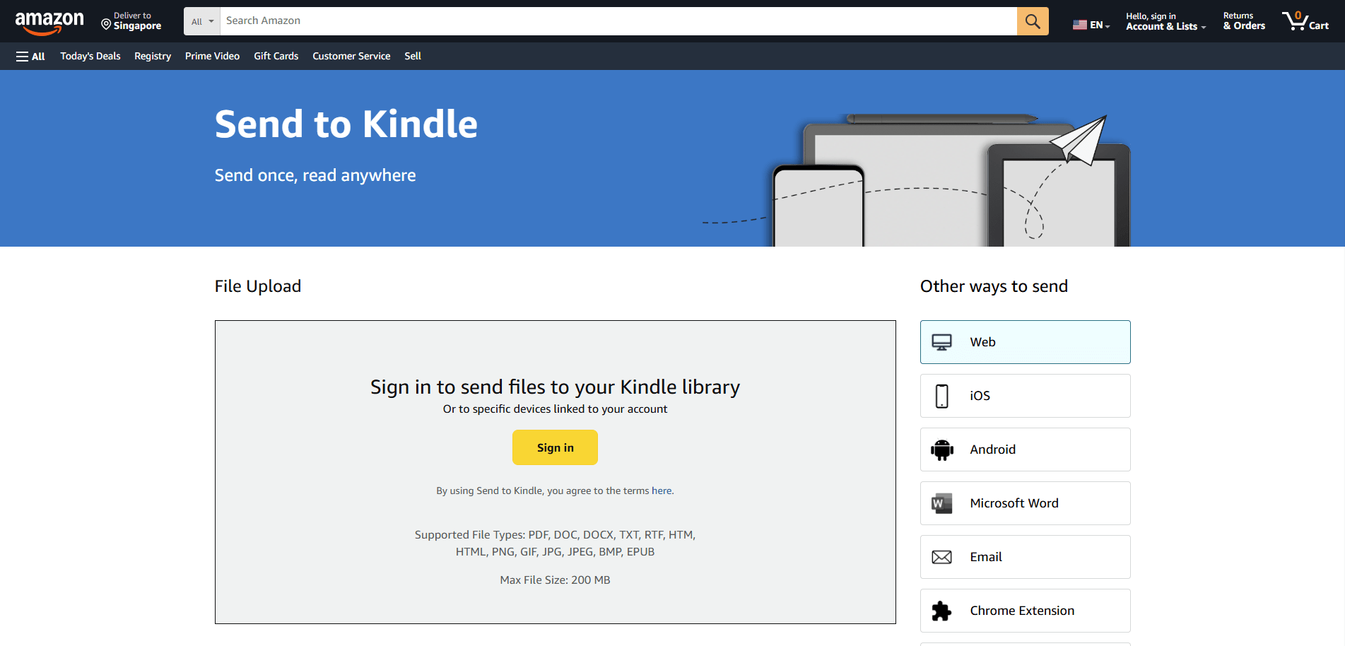 Send to Kindle function on Amazon website