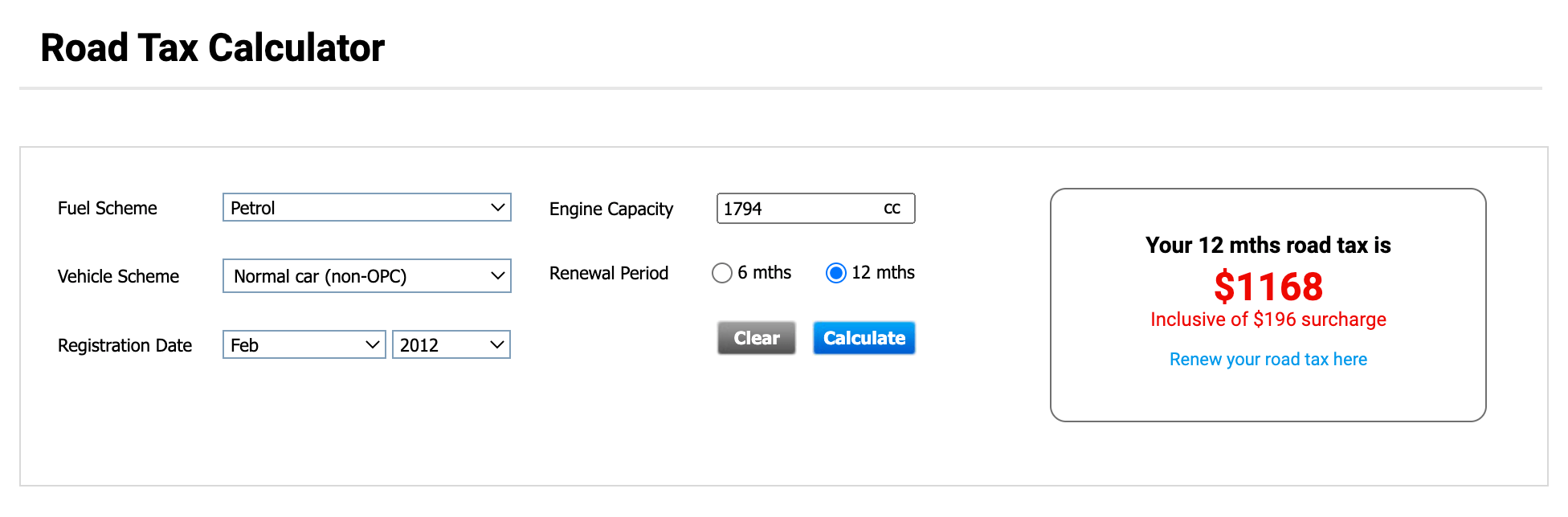 Road tax calculator
