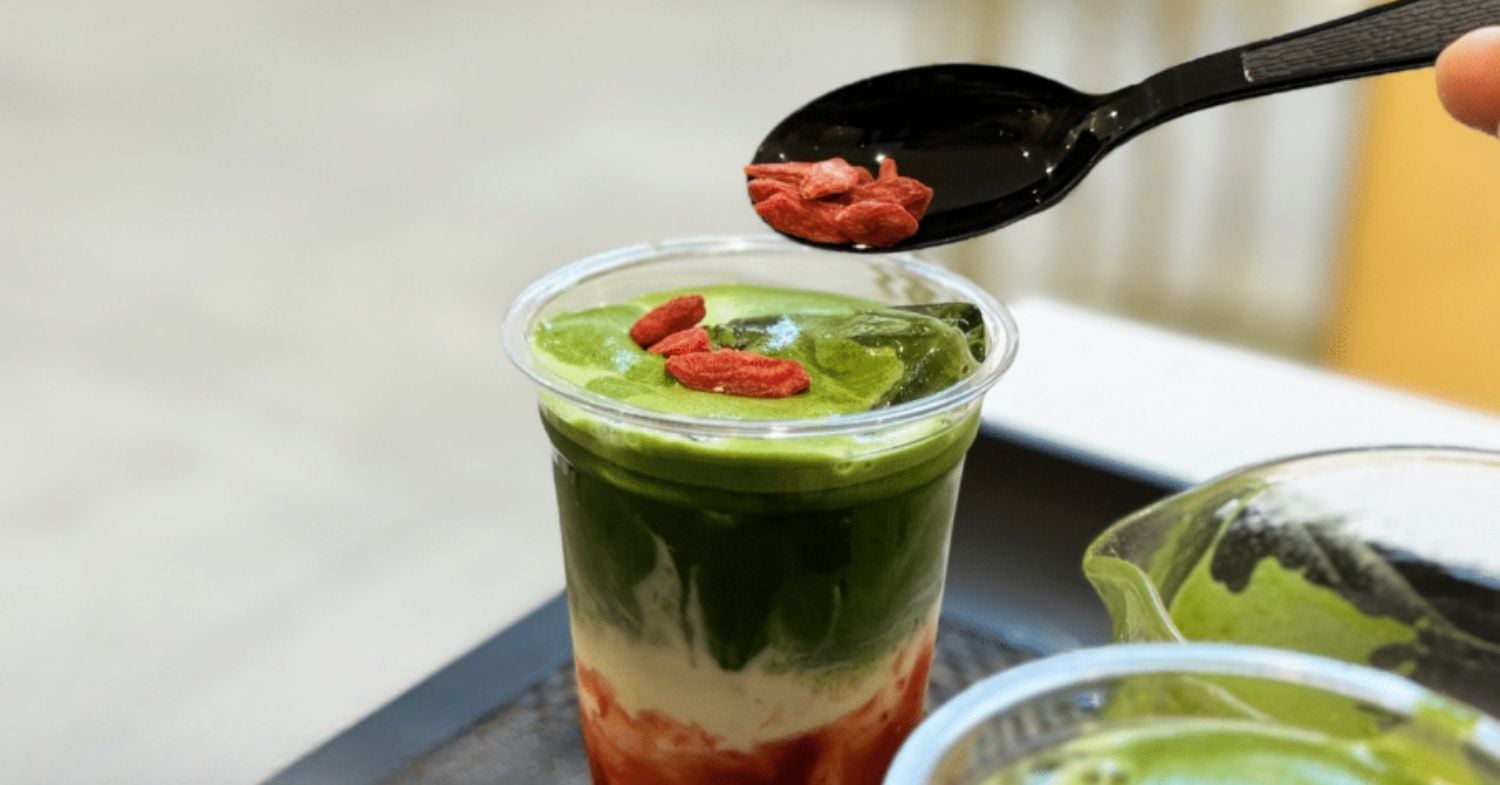 strawberry matcha with goji berries