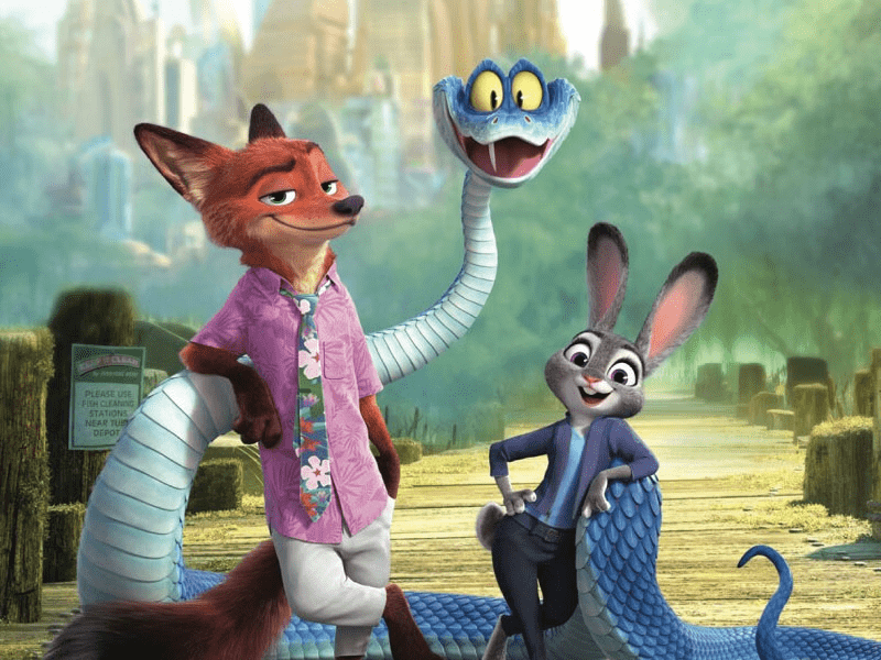 still from Zootopia 2 with Judy, Nick, and Gary