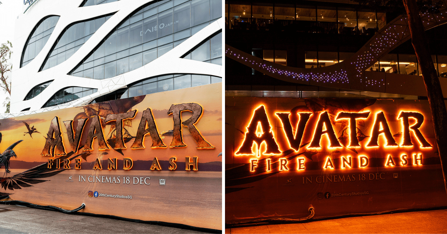Avatar: Fire and Ash signage in the day and night