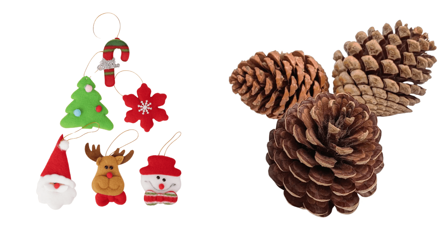 plush ornamants and fresh pine cones from JM Flower