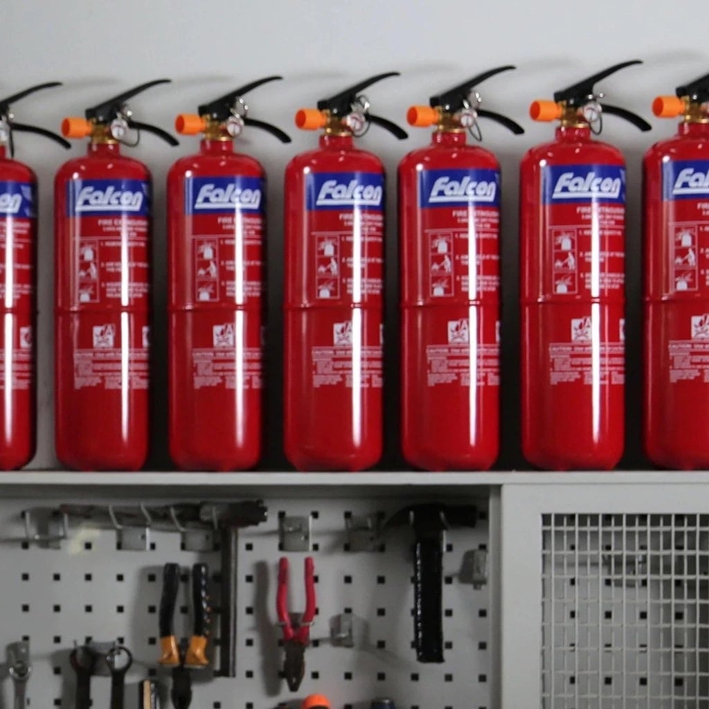 home fire - shelf of falcon fire extinguishers