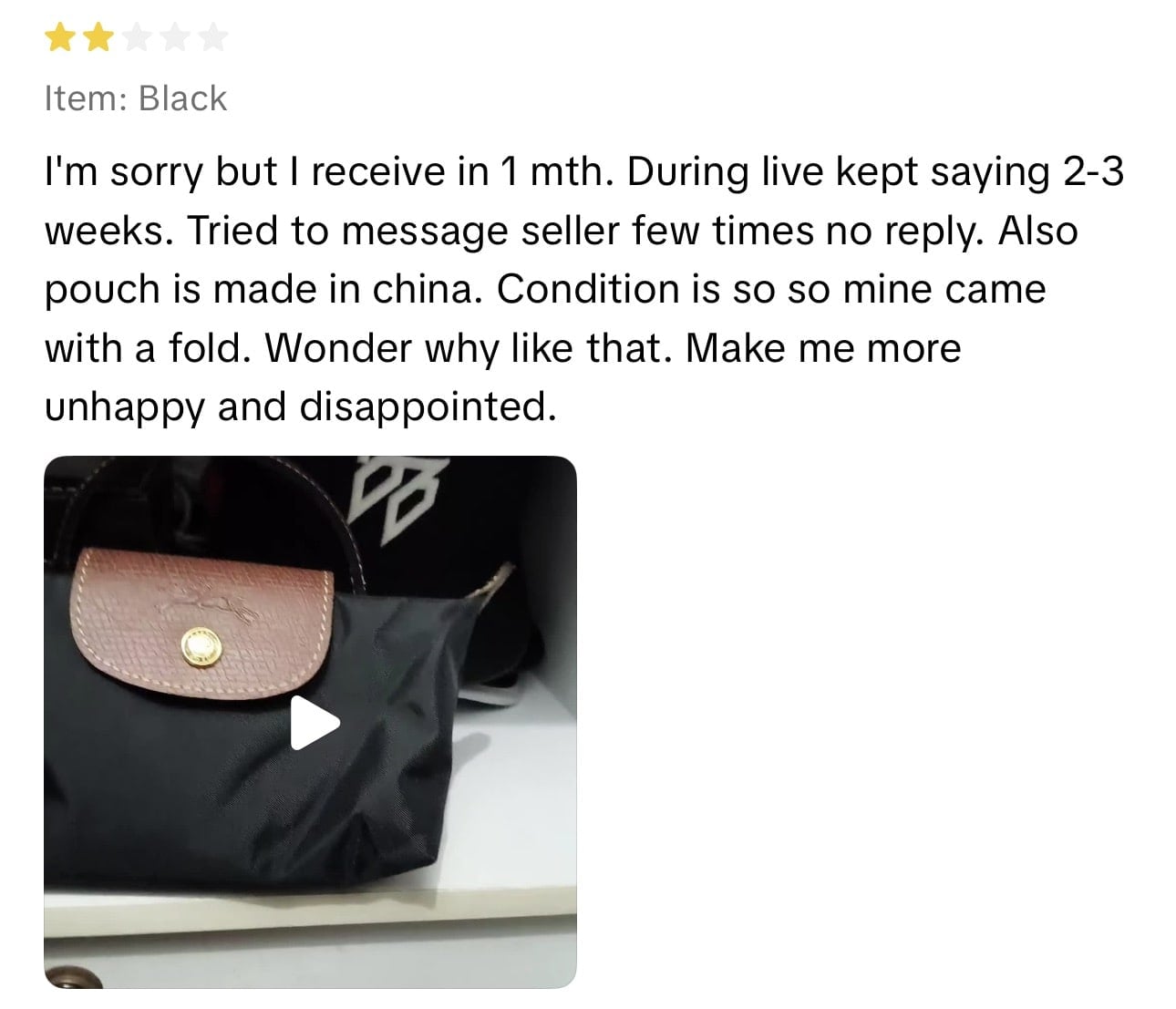 1 star review of a bag bought from a tiktok livestream