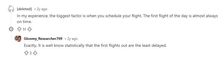 Screenshot from Reddit about choosing the first flight of the day