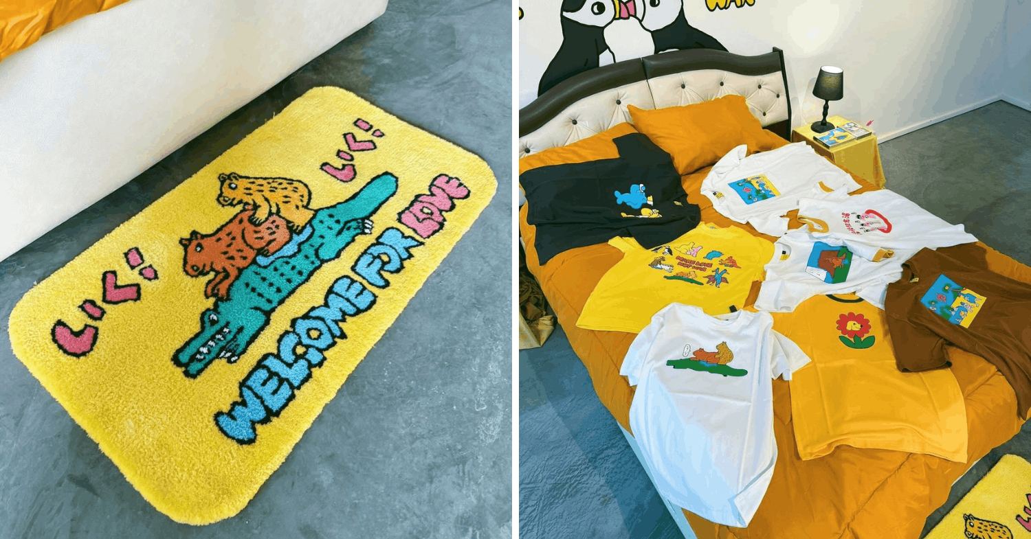 Ikuiku Love Hotel tufted rug and t-shirts