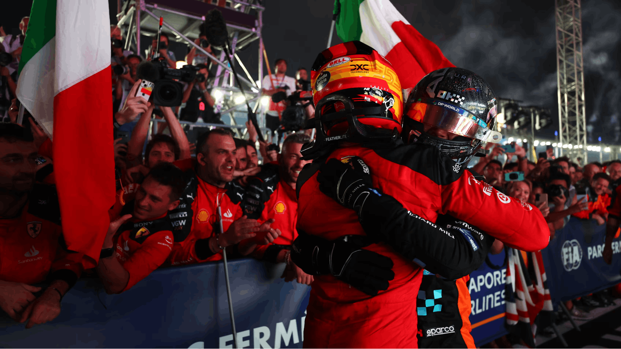 Carlos Sainz and Lando Norris celebrate 1-2 at the 2023 Singapore Grand Prix