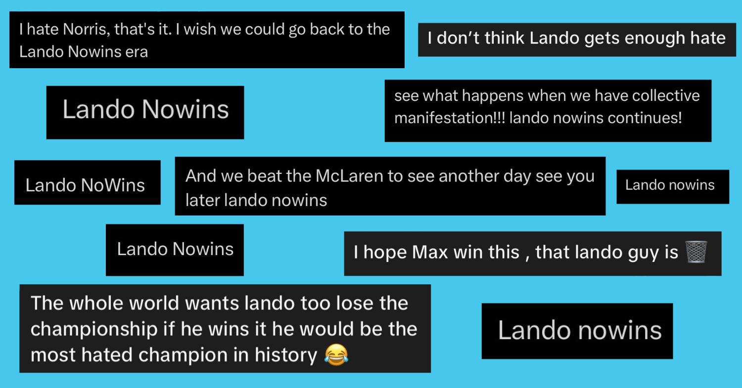 Hate comments about Lando posted on TikTok and X/Twitter