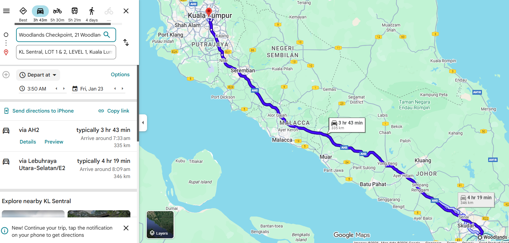 google maps drive sg-kl