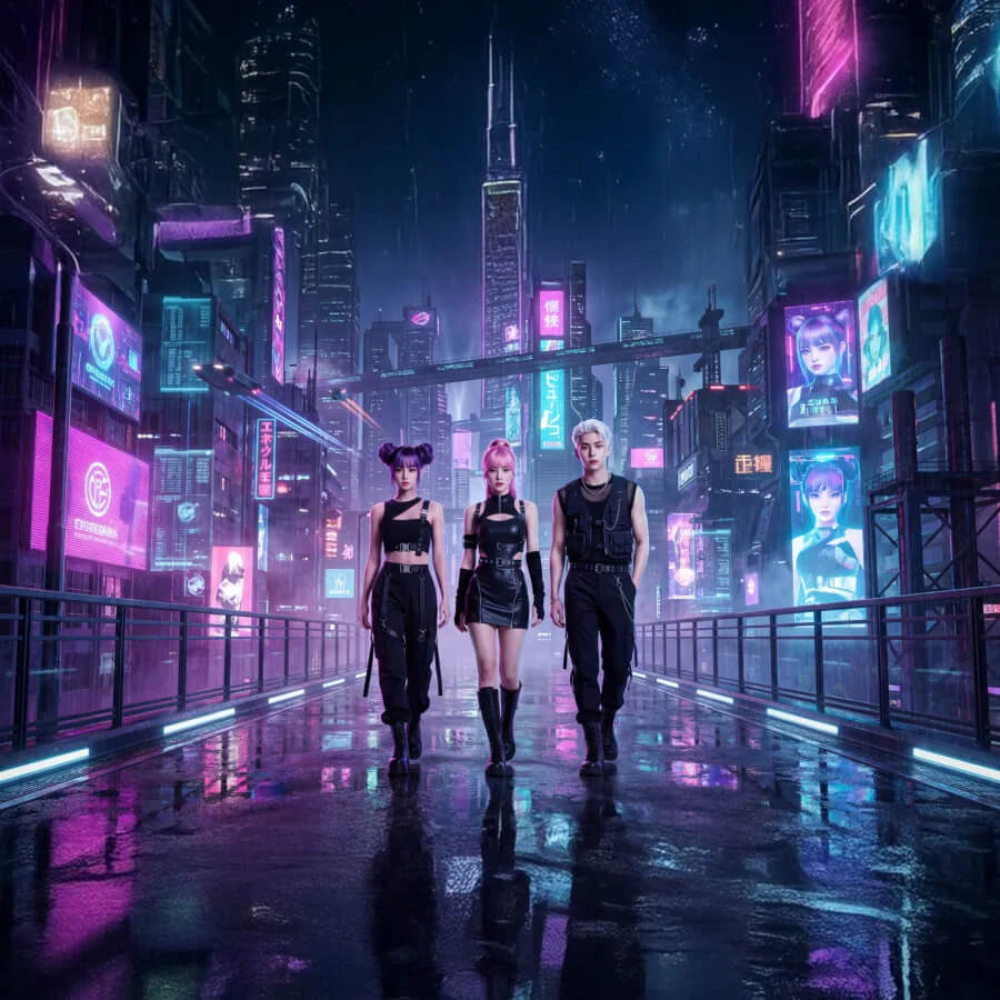kpop - group posing in front of cyberpunk backdrop