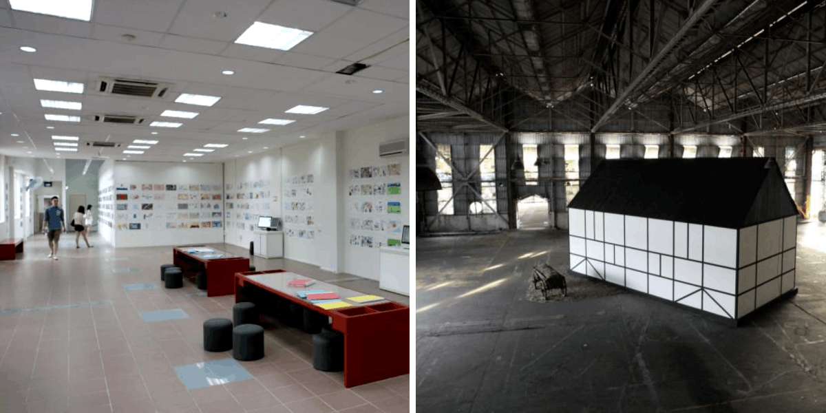 Art exhibits displayed in Old Kallang Airport’s terminal and hangar during Singapore Biennale 2011.