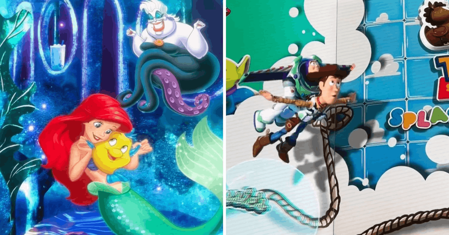 Disney Cruise-themed Wonderfall show at Changi Airport T2 - disney characters from The Little Mermaid and Toy Story