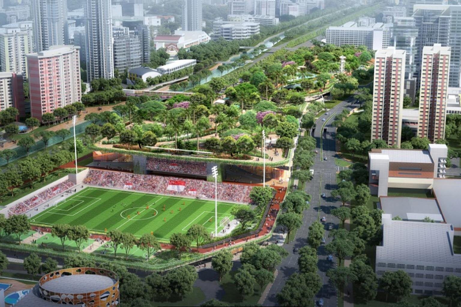 punggol sports regional centre - artist impression soccer stadium aerial view