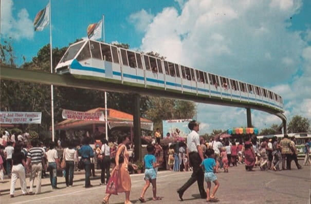 Old Sentosa Monorail with people walking around