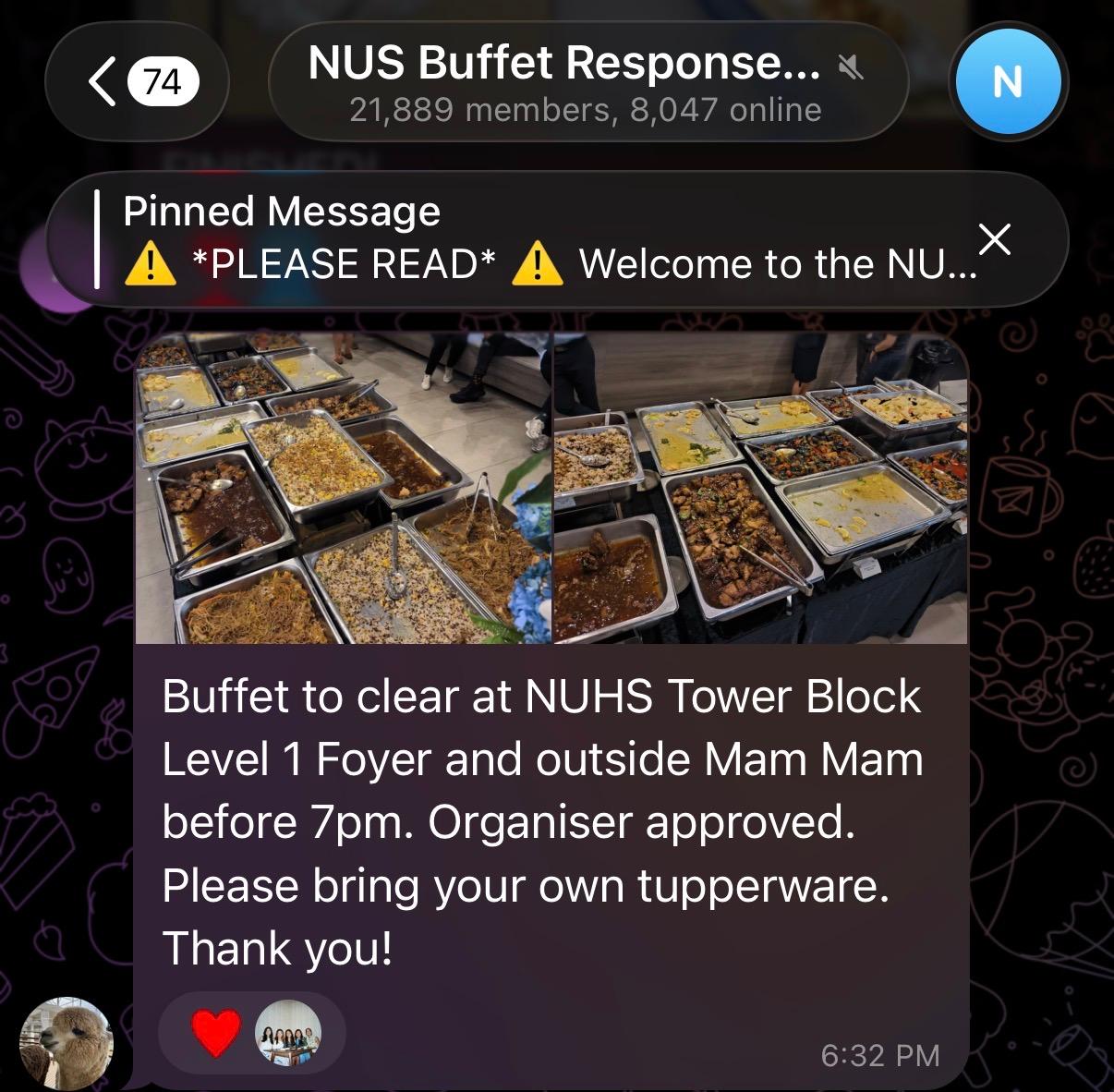 Local uni Telegram groups for free food - NUS Buffet Response Team
