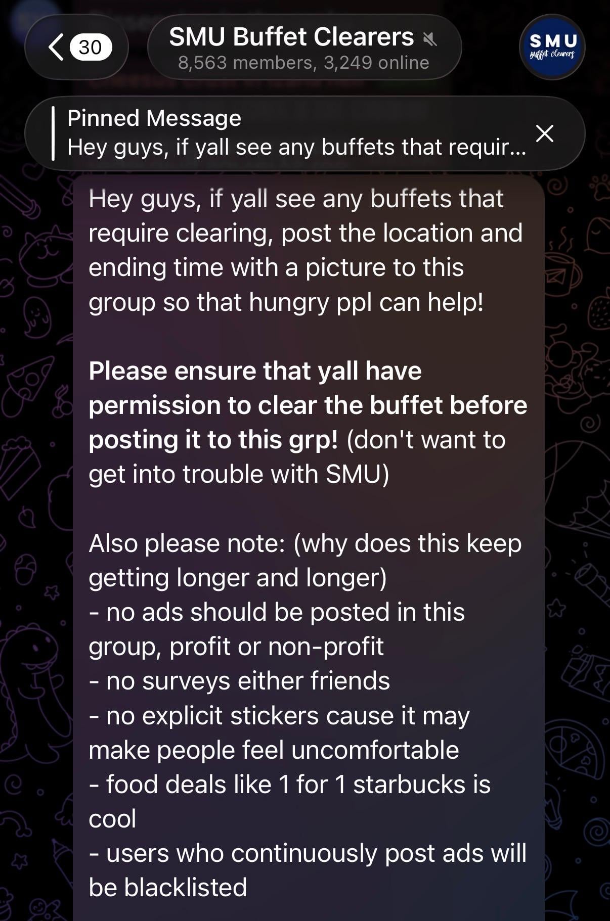 Local uni Telegram groups for free food - SMU Buffet Clearers (1)