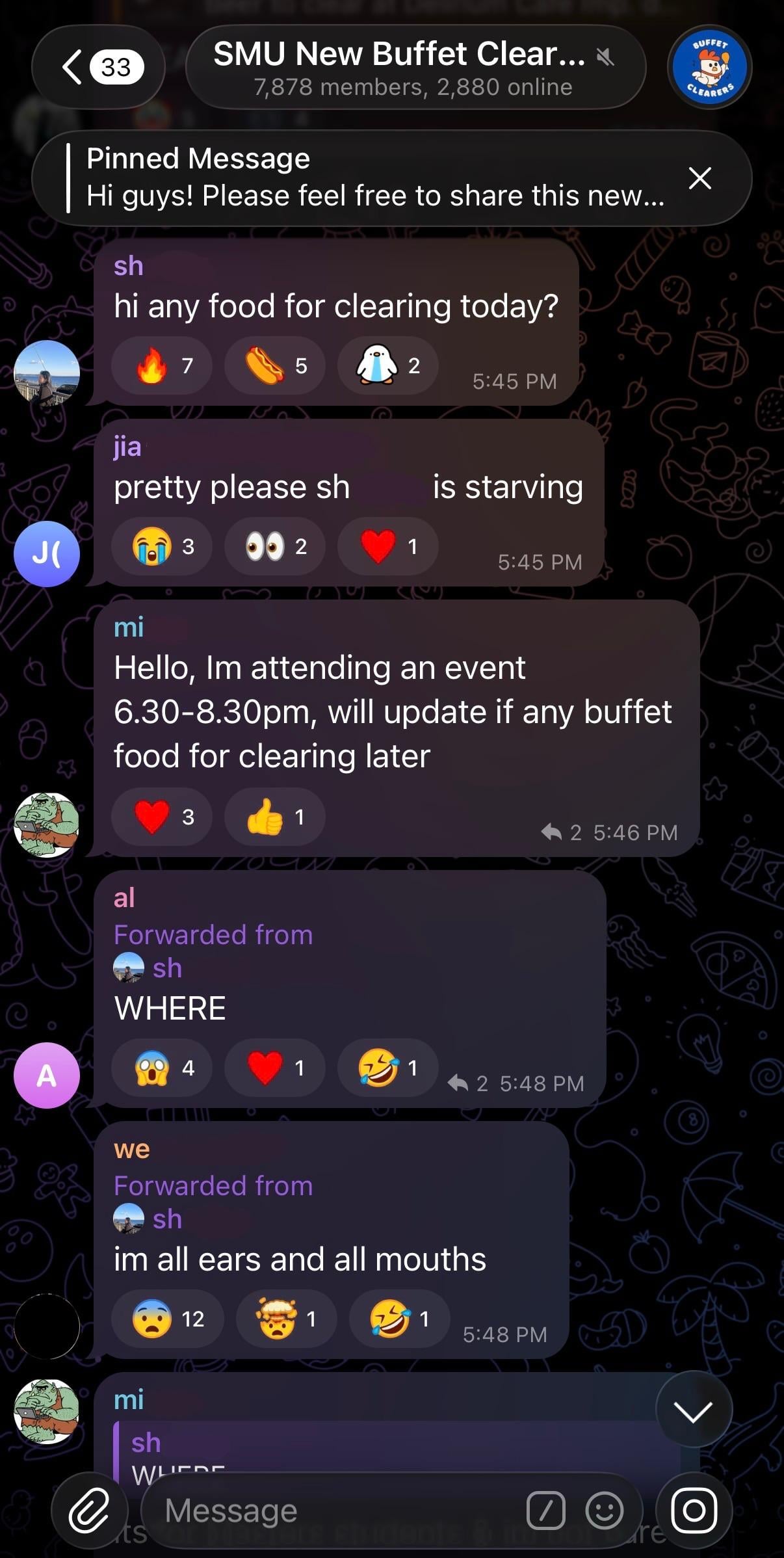 Local uni Telegram groups for free food - SMU New Buffet Clearers (2)