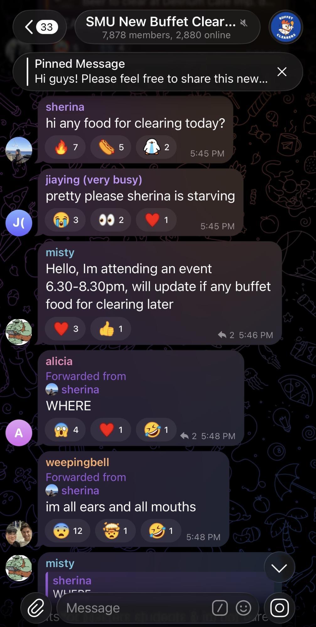 Local uni Telegram groups for free food - SMU New Buffet Clearers (2)