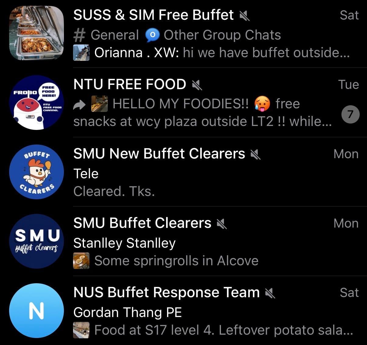 Local uni Telegram groups for free food
