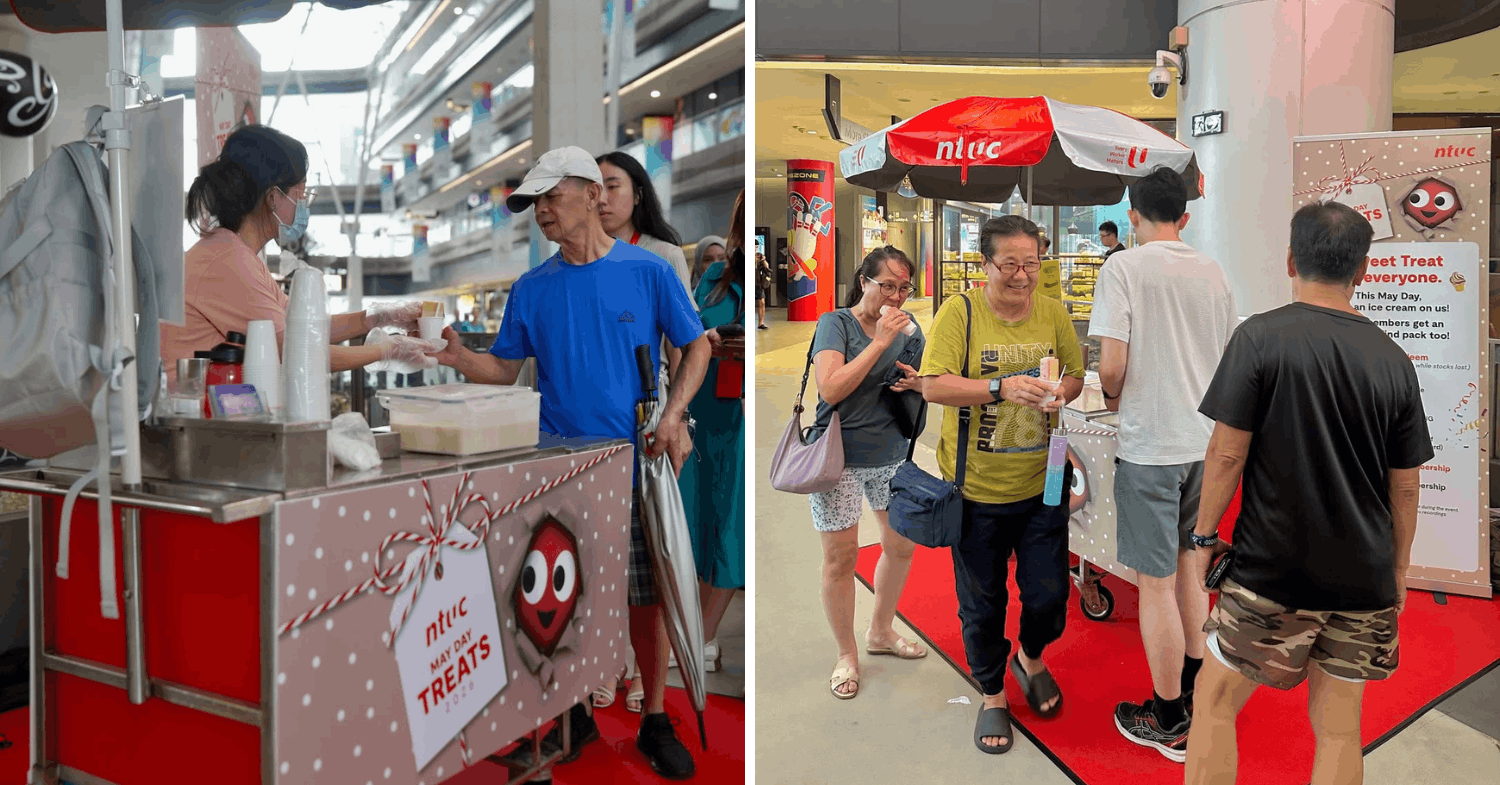Folks collecting free ice cream from NTUC