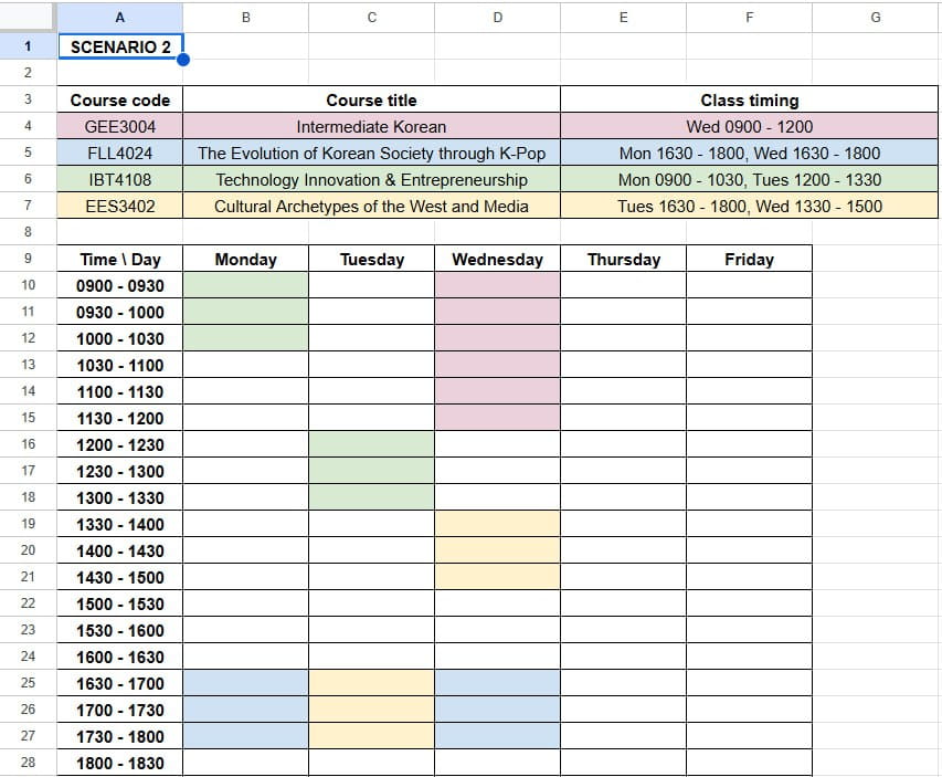 University exchange timetable