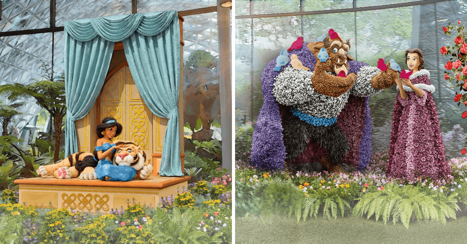 Jasmine and Belle displays at Disney Garden of Wonder