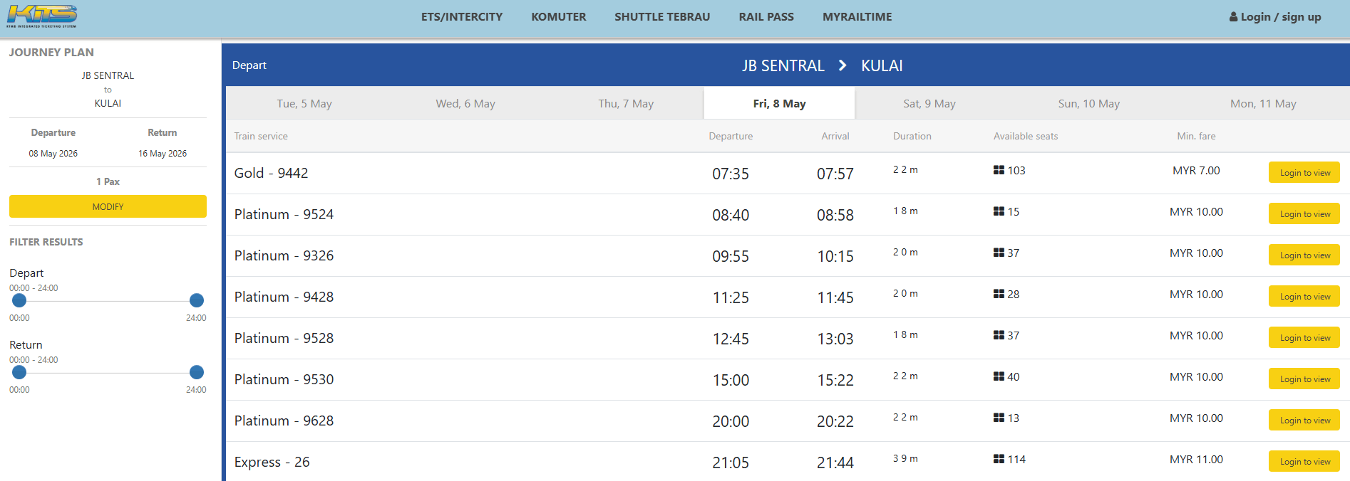 KTM train timetable from JB to Kulai