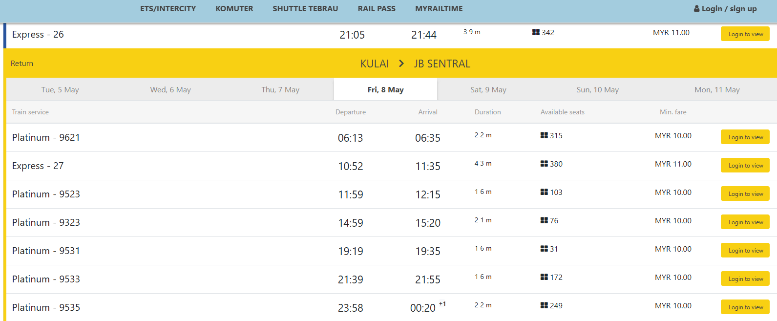 KTM train timetable from Kulai to JB