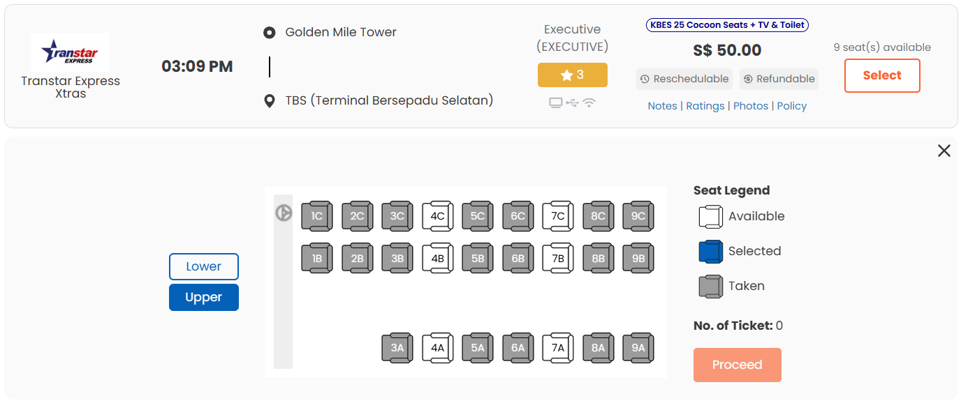 BusOnlineTicket Singapore To Malaysia Bus Seat Selection