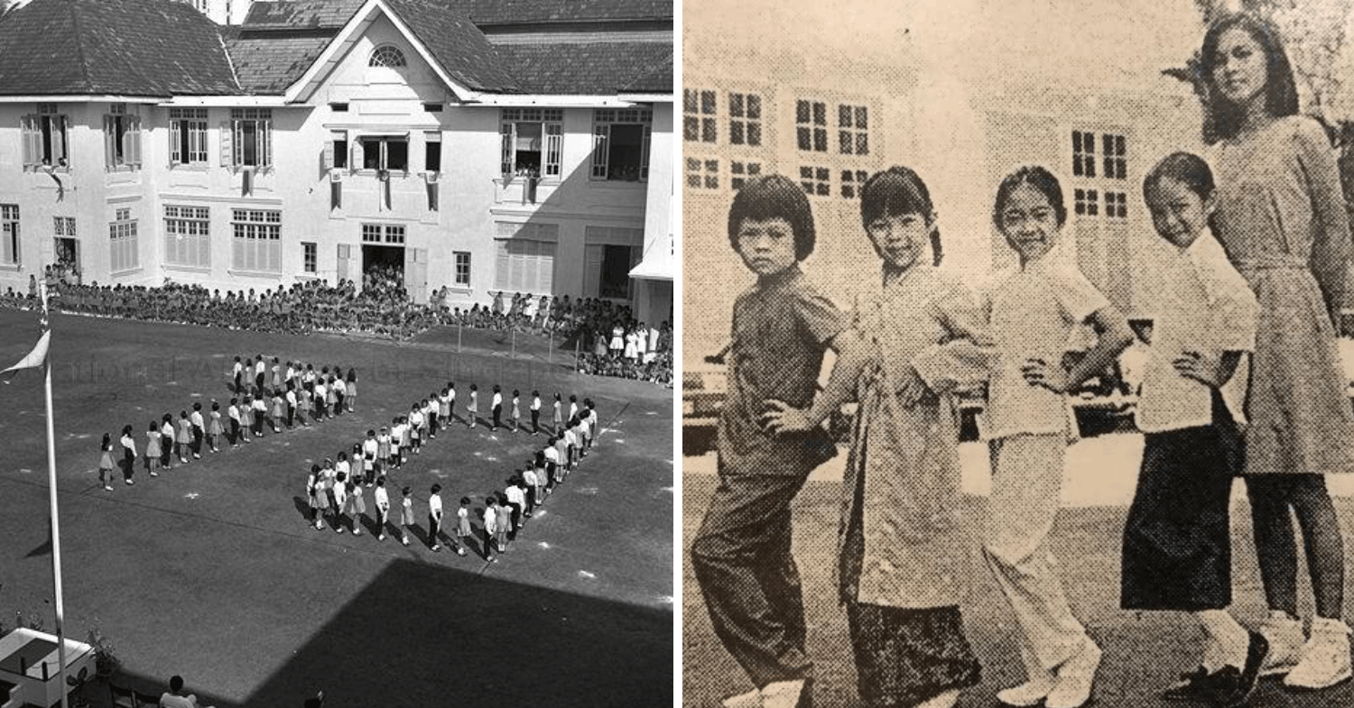 former SCGS building emerald hill orchard to be redeveloped - SCGS students celebrating the school’s 70th anniversary in 1969 (left) and students in the late 1980s modelling some of the uniforms worn throughout the years (right).