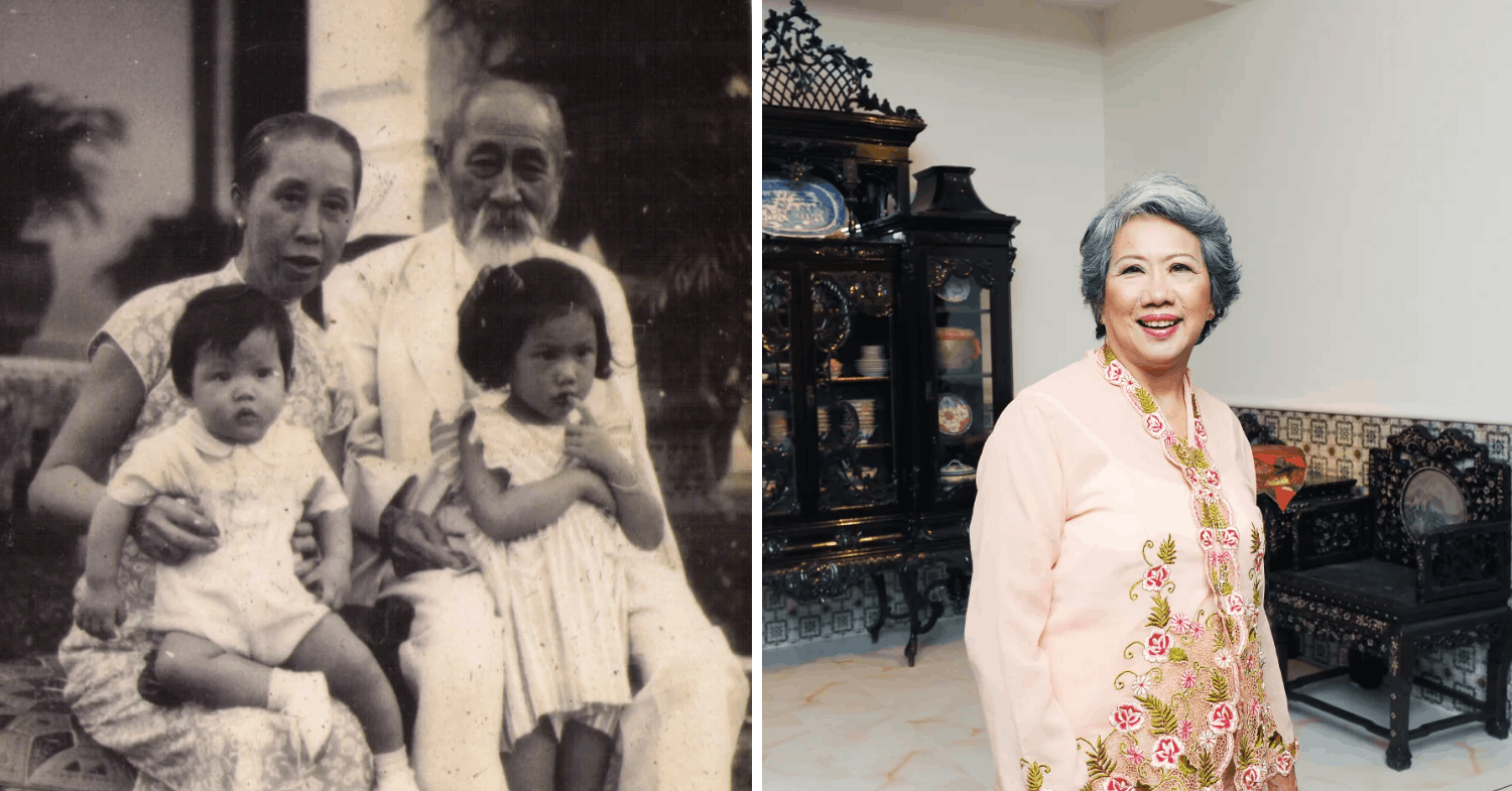 former SCGS building emerald hill orchard to be redeveloped - Stella Kon (1st from right) and her brother with their great-grandparents, Mr and Mrs Lim Boon Heng, in a childhood photo (left), and Stella today (right). 
