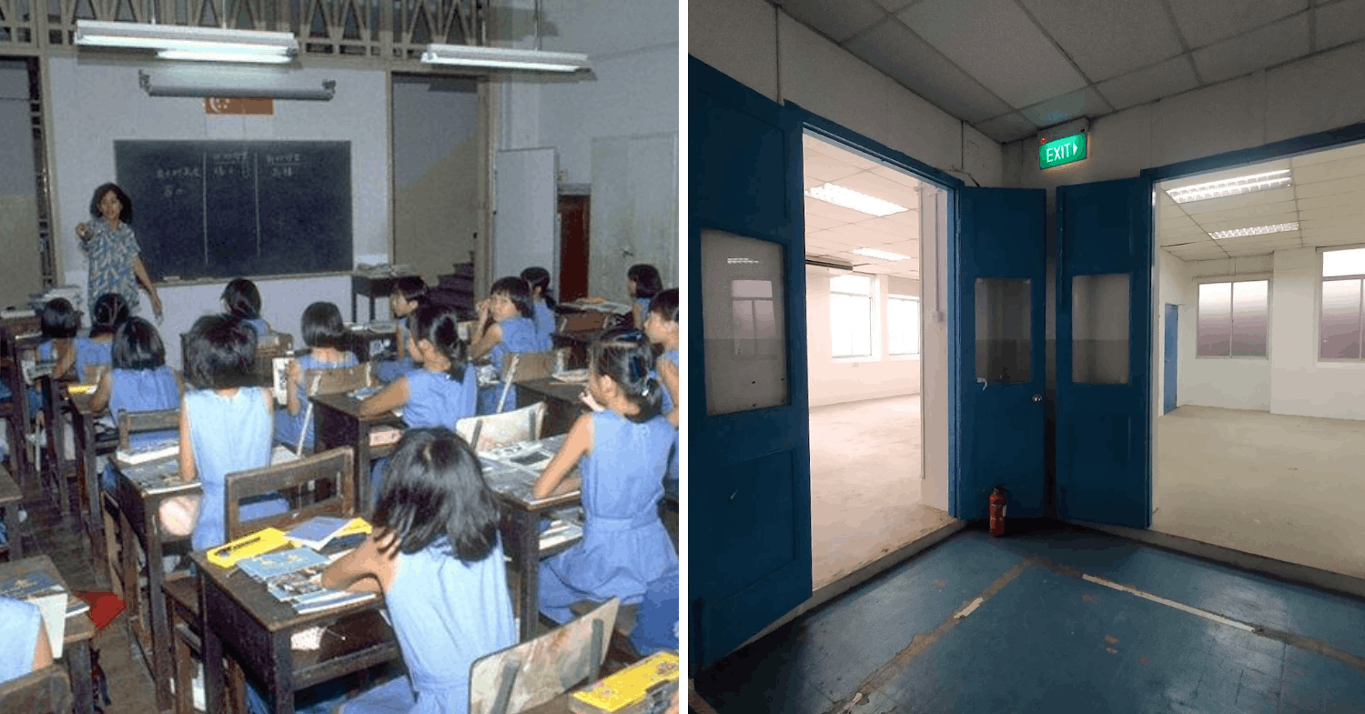 former SCGS building emerald hill orchard to be redeveloped - A class session in progress in 1988 (left) compared to the abandoned classrooms in 2024 (right).